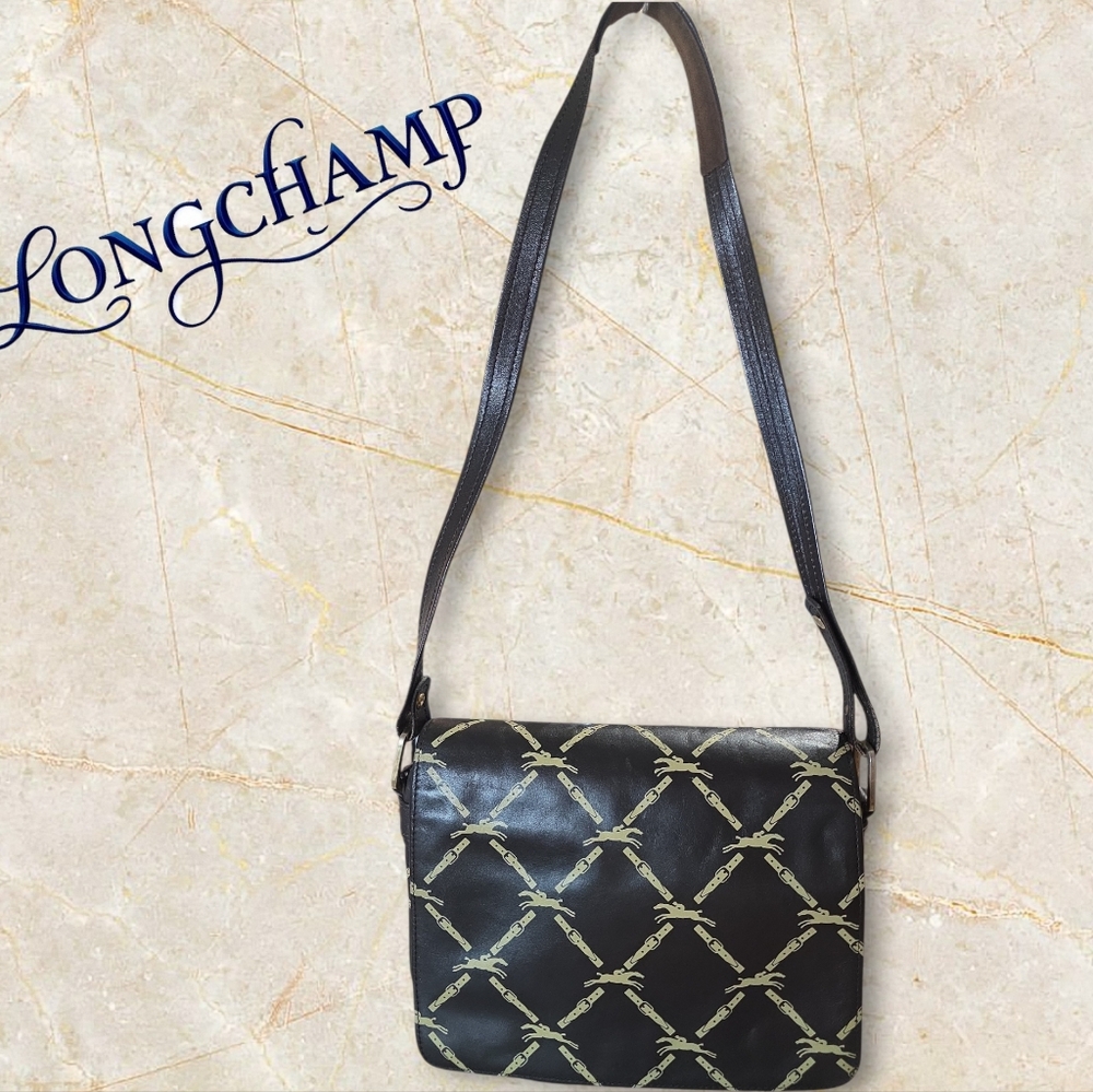 Longchamp Black Shoulder Bag with Beige Chain-Link Print - Picture 2 of 13